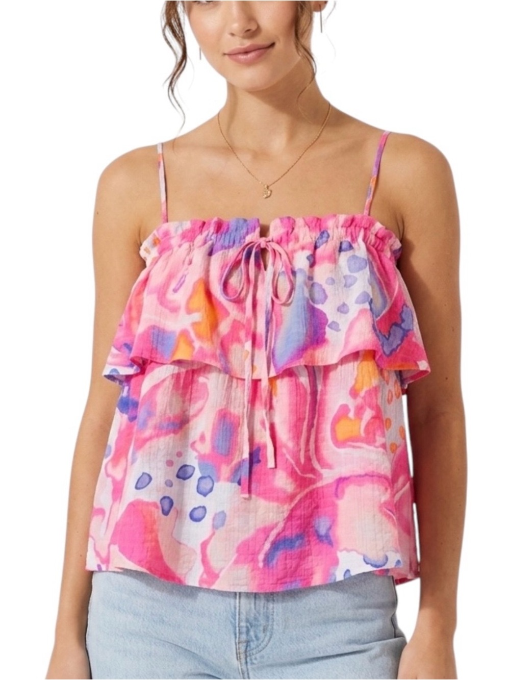Lilly Pulitizer Mays Resort White Sandy Rays Tank Top Neon Ruffle Textured Sz XS
